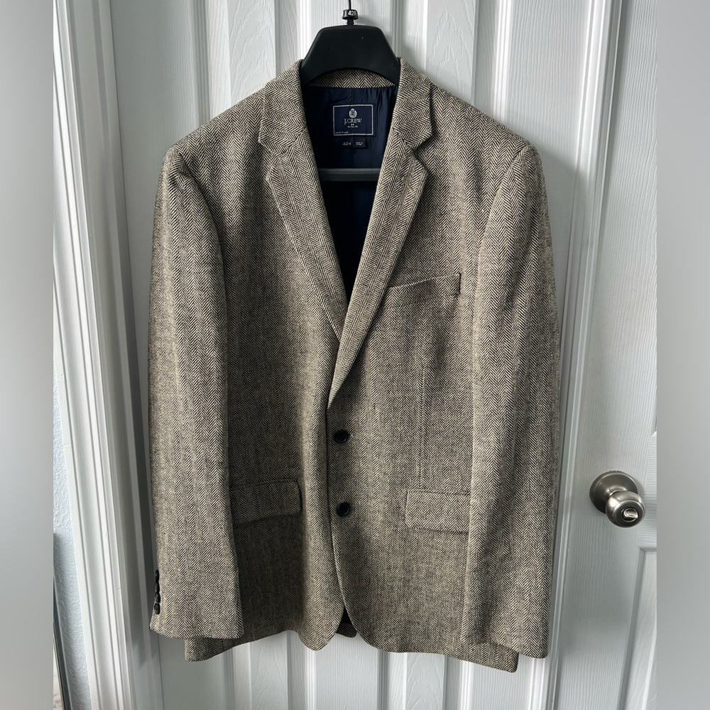 J.CREW Men’s Tweed Blazer in Herringbone Pattern, Brown-Black, Size 42R